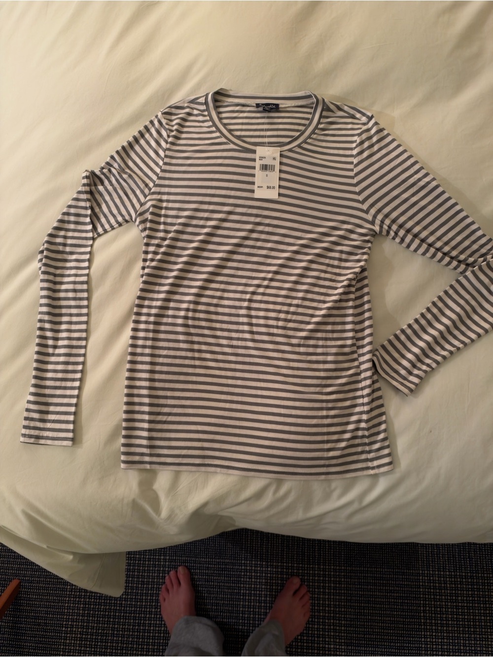 Striped Long-Sleeve Crewneck Shirt - Olive green/White size S